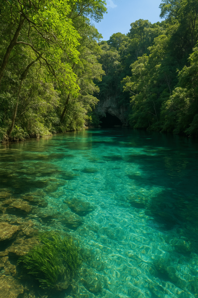 Rio de águas cristalinas em Bonito (MS), com vegetação densa ao redor, pedras visíveis no fundo e entrada de uma caverna ao fundo em meio à mata.