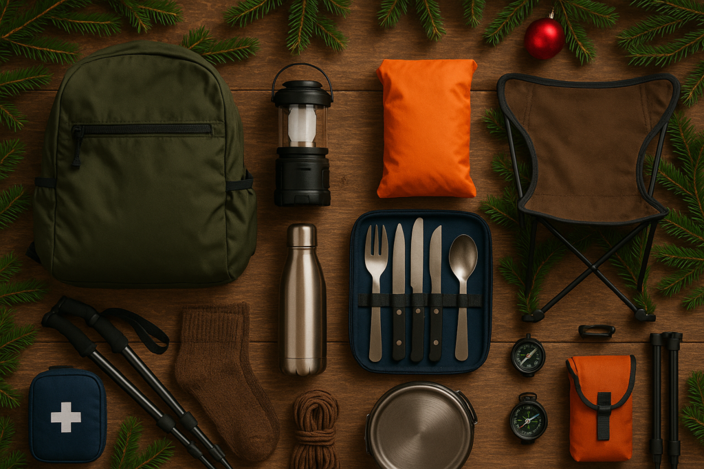 Itens de camping e viagem organizados em flat lay, ideias de presente de Natal para viajantes